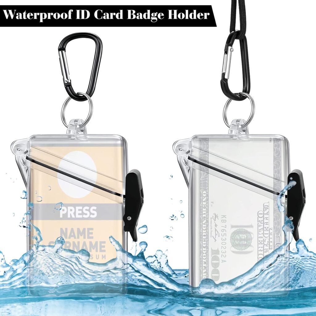 4 Pack Waterproof ID Card Badge Holder Case Clear ID Holder Waterproof Card Holder for Swimming with Lanyard and Keychain for Id Badges Credit Cards Keys Coin Locker Dry Box (4 Pack, Clear)