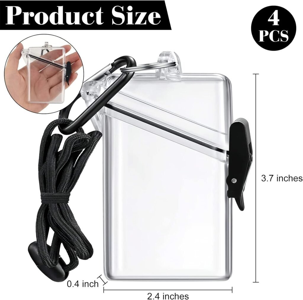 4 Pack Waterproof ID Card Badge Holder Case Clear ID Holder Waterproof Card Holder for Swimming with Lanyard and Keychain for Id Badges Credit Cards Keys Coin Locker Dry Box (4 Pack, Clear)