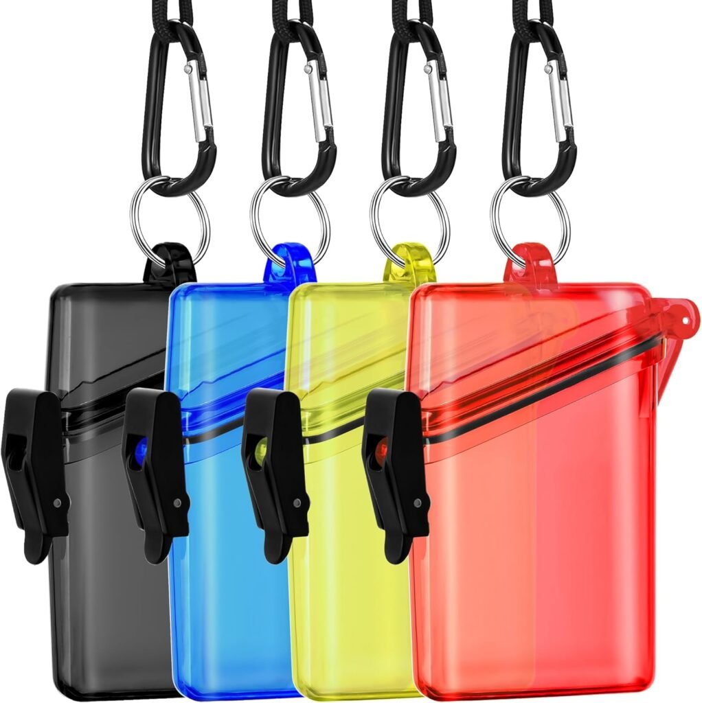 4 Pack Waterproof ID Card Badge Holder Case Multicolour ID Holder Waterproof Card Holder for Swimming with Lanyard and Keychain for Id Badges Credit Cards Keys Coin Locker Dry Box, 4 Colors