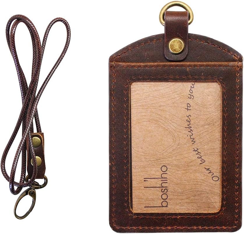 Badge Holder: Boshiho Cowhide Leather ID Badge Card Holder with 19 Neck Lanyard, Vertical Style (Dark Brown)
