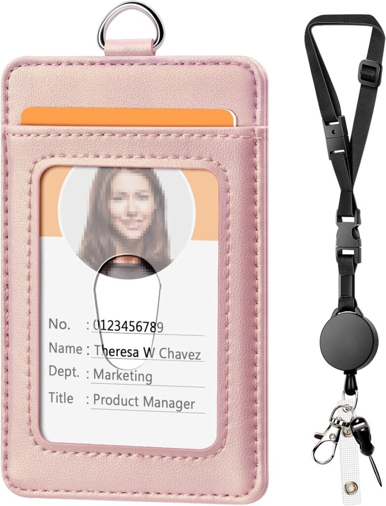 Leather Badge Holder and Adjustable Retractable Lanyards, Quick Release Buckle and Safety Breakaway Lanyards with Swivel Metal Clasp for Offices, Staff, Students, Employees