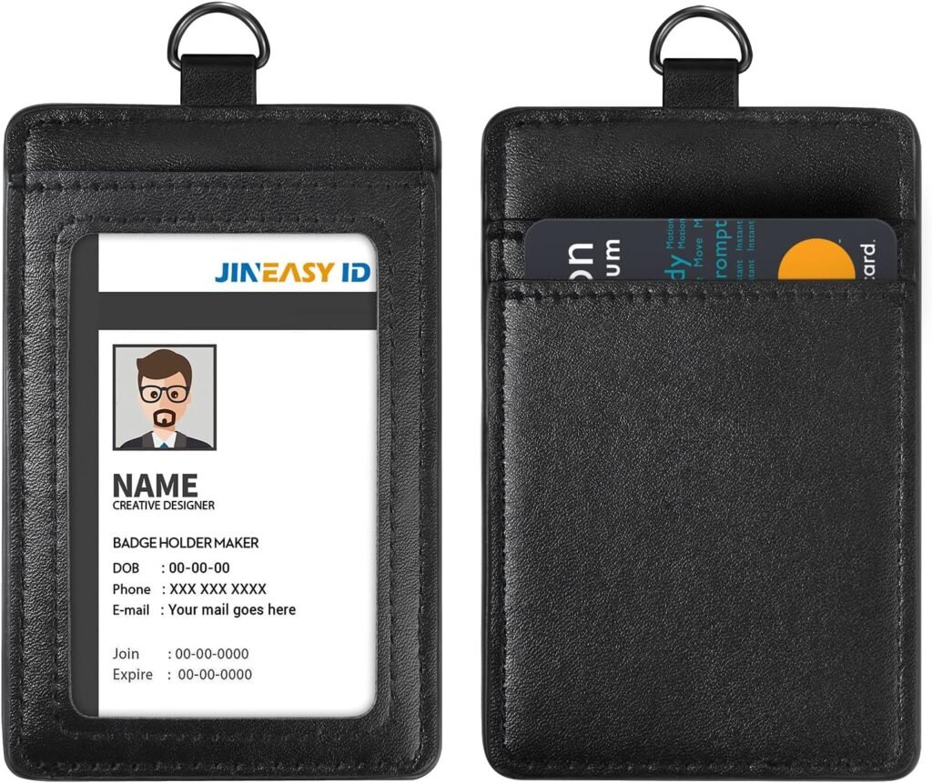 Leather ID Badge Holder Vertical Lanyard ID Card Holder Black Badge Protector Case for Work Office Name Badges Keycard, Holds 3 ID Cards, 2 Pack