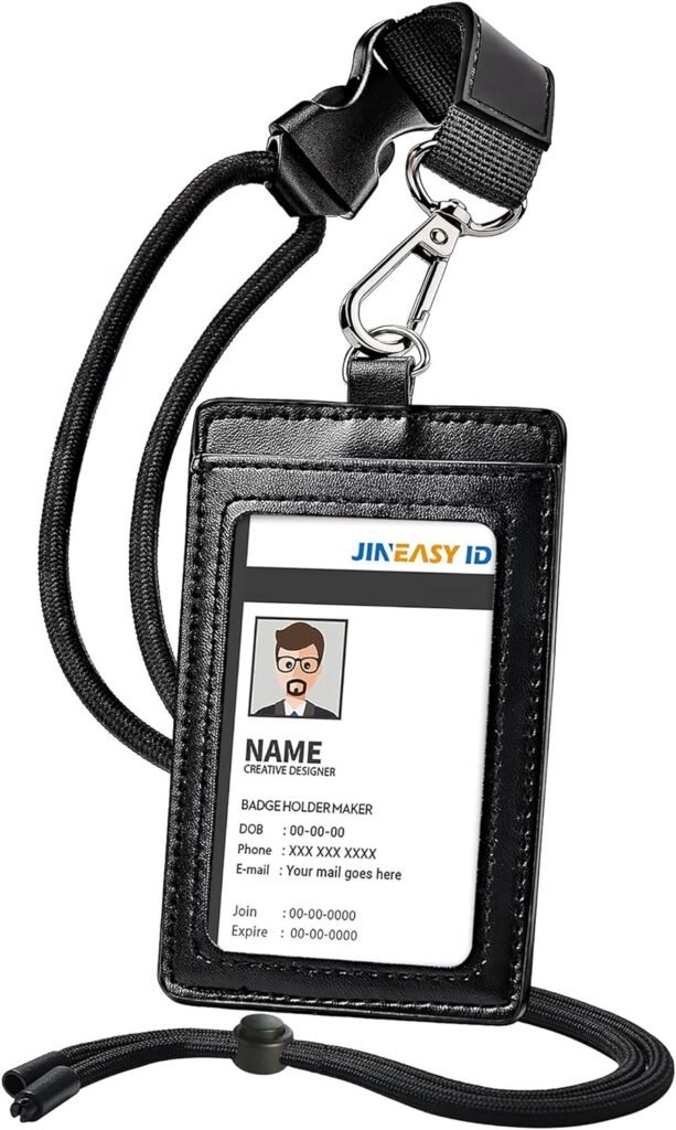 Leather ID Badge Holder Vertical Lanyard ID Card Holder Black Badge Protector Case for Work Office Name Badges Keycard, Holds 3 ID Cards, 2 Pack