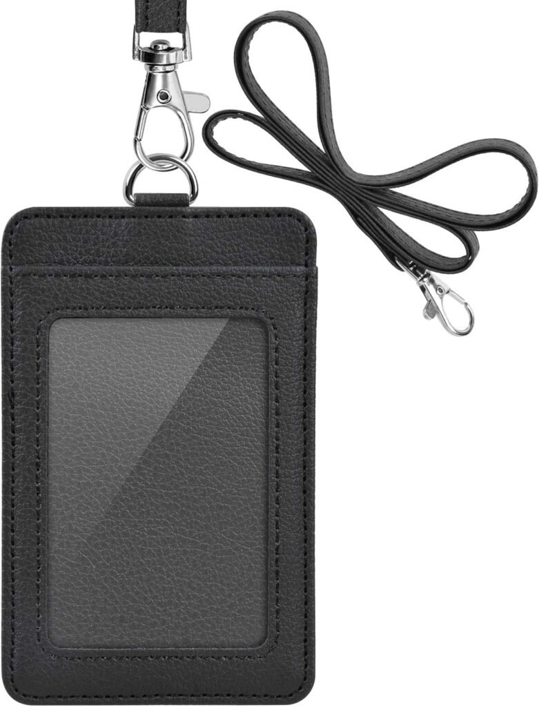 PU Leather ID Badge Holder, Life-Mate ID Badge Holder with 1 Clear ID Window 1 Credit Card Slot and PU Leather Lanyard for Badge Credit Cards College ID Cards in Black