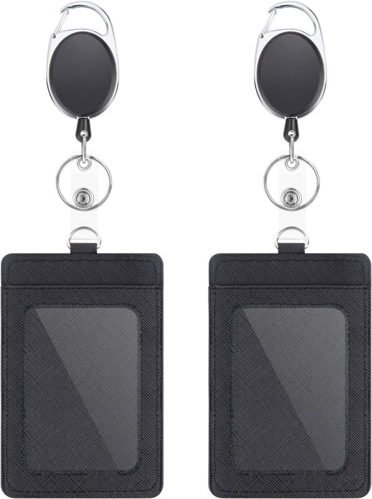 2 Pack Badge Holders and Heavy Duty Retractable Reel Clips Set, Vertical Leather ID Badge Holders with 1 Clear ID Window  2 Credit Card Slots (Black-2pcs)