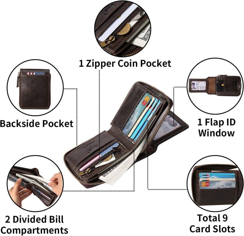 Zipper Wallet Men RFID Blocking Leather Bifold Wallets For Men - Flap ID Window Zip Coin Pocket Mens Zipper Wallets - Big Capacity Credit Card Travel Wallet (Black)