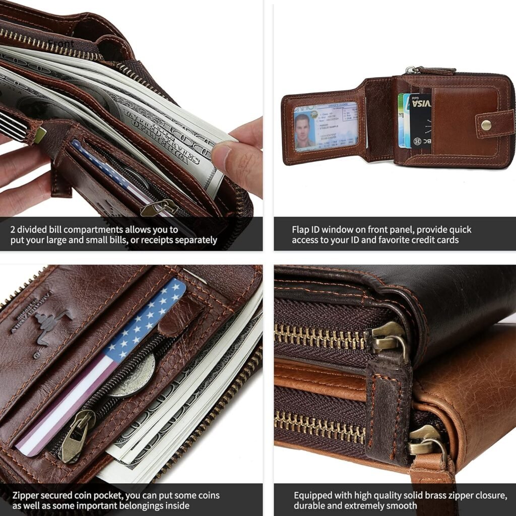 Zipper Wallet Men RFID Blocking Leather Bifold Wallets For Men - Flap ID Window Zip Coin Pocket Mens Zipper Wallets - Big Capacity Credit Card Travel Wallet (Black)