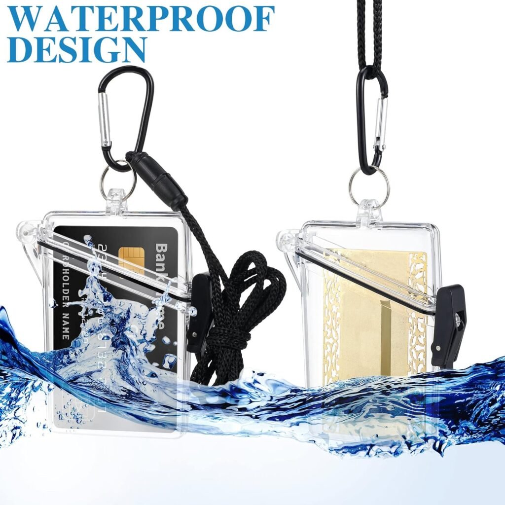 PerKoop 20 Pieces Waterproof ID Badge Holder Case Plastic Waterproof Card Holder Bulk with Lanyard for Swimming Keychain ID Credit Cards Keys Coin Locker Dry Box(Clear)