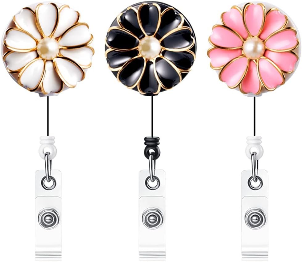 Retractable Badge Holder with Alligator Clip, 24 inch Retractable Cord, ID Badge Reel with Pearl, 3 Pack (Multiple)