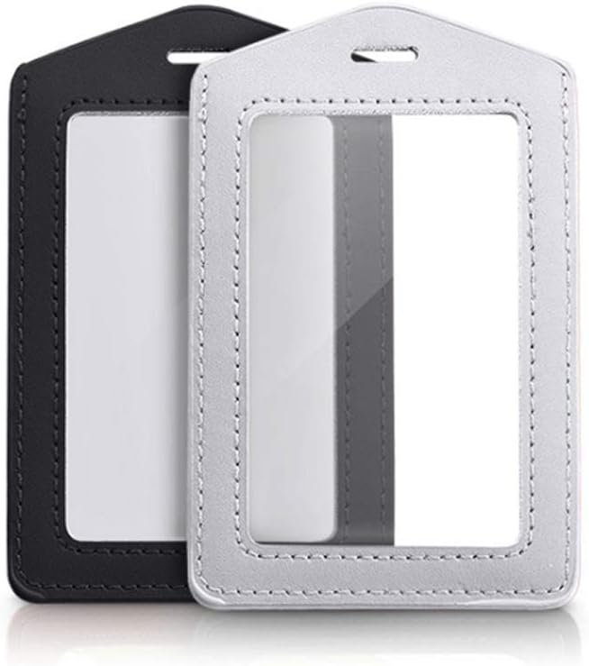 Teensery 2 Pcs Vertical Leather ID Badge Holder Waterproof Clear Card Holder for School ID Office ID, Black and Silver Gray(Only Holder)