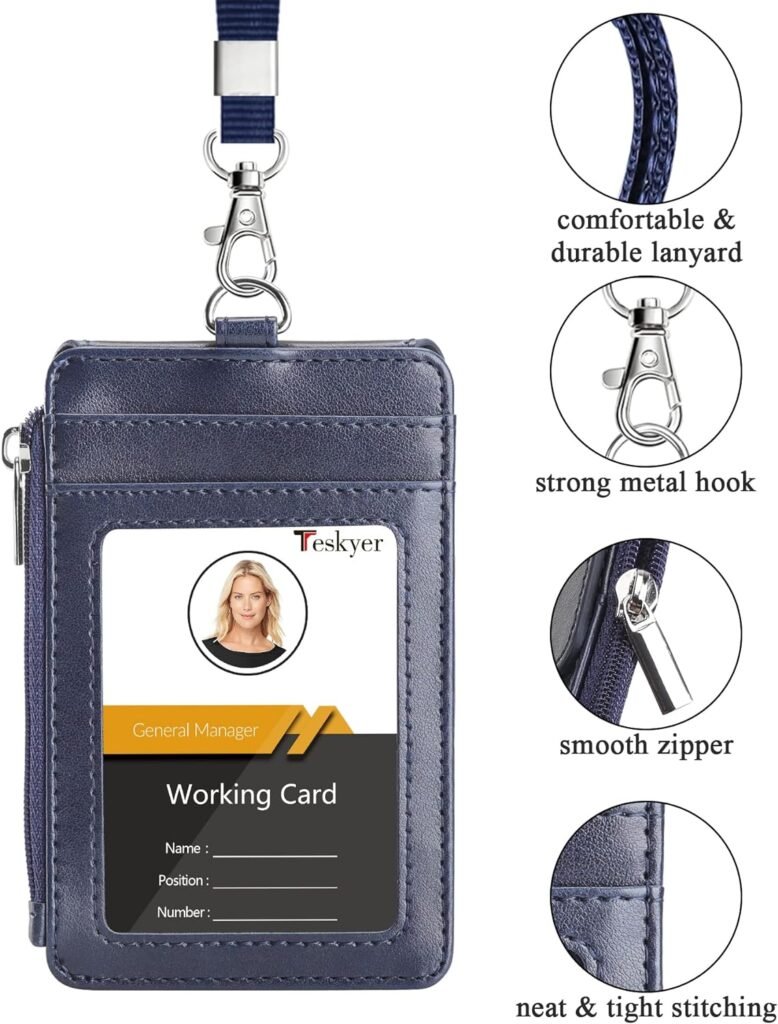Teskyer Badge Holder with Zip Pocket, Multiple Card Slots Leather ID Card Holder with Nylon Lanyard for Cruise Ship Cards, Office School ID, Work Name Cards, Drivers License, Black
