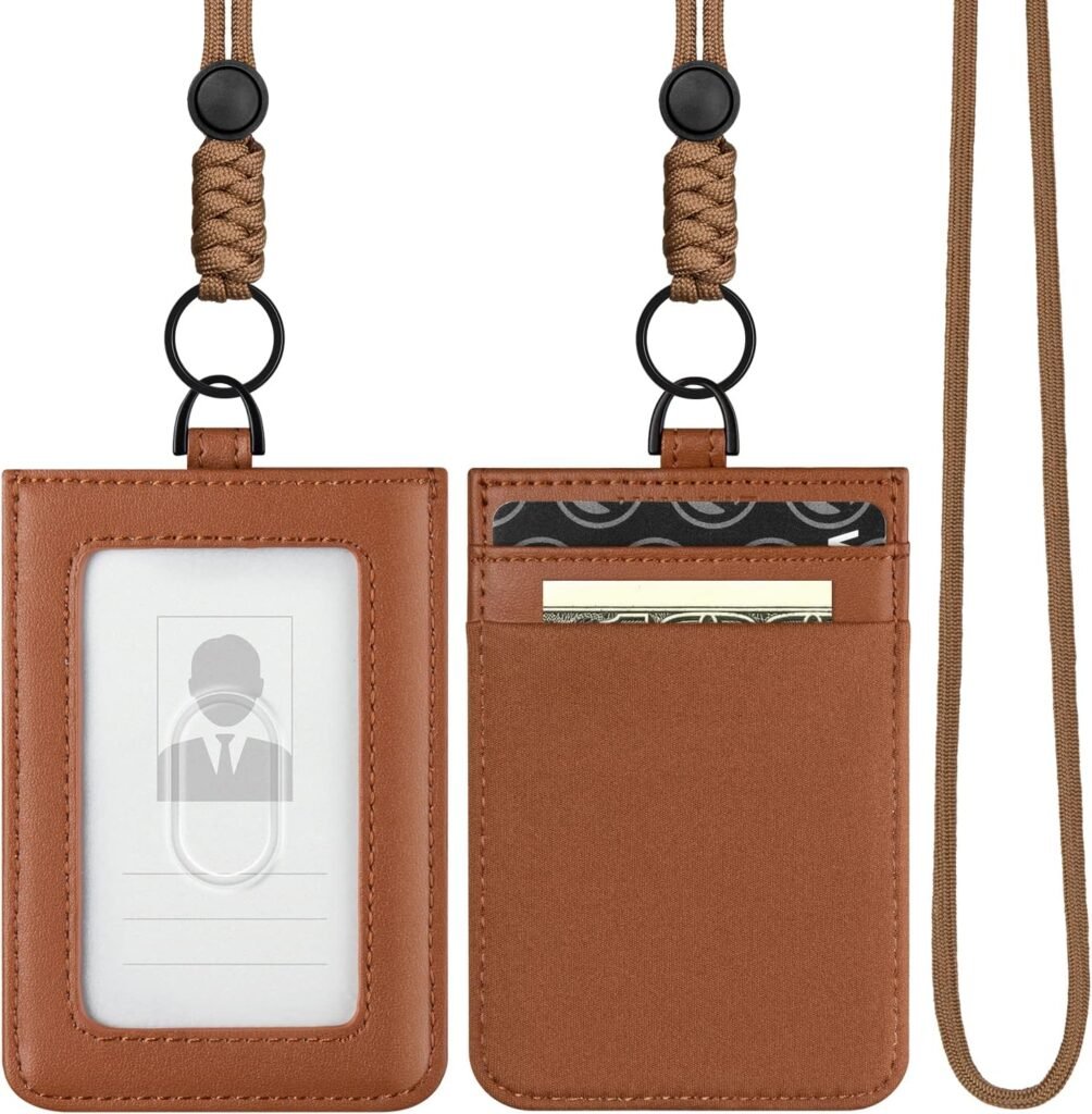 VULKIT ID Badge Holder with Lanyard for Women and Men Vertical Leather Badge Holder with Clear ID Window Card Holder Slot and Money Pocket Brown