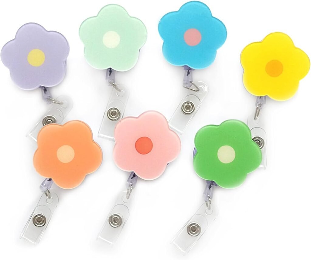 Cute Badge Reel Retractable 7 PCS Flower Floral Nurse Badge Holder Clips Reels ID Name Clip Tag for Nursing Nurses Hospital Teacher Pediatric Pharmacy Medical Lanyards Accessories