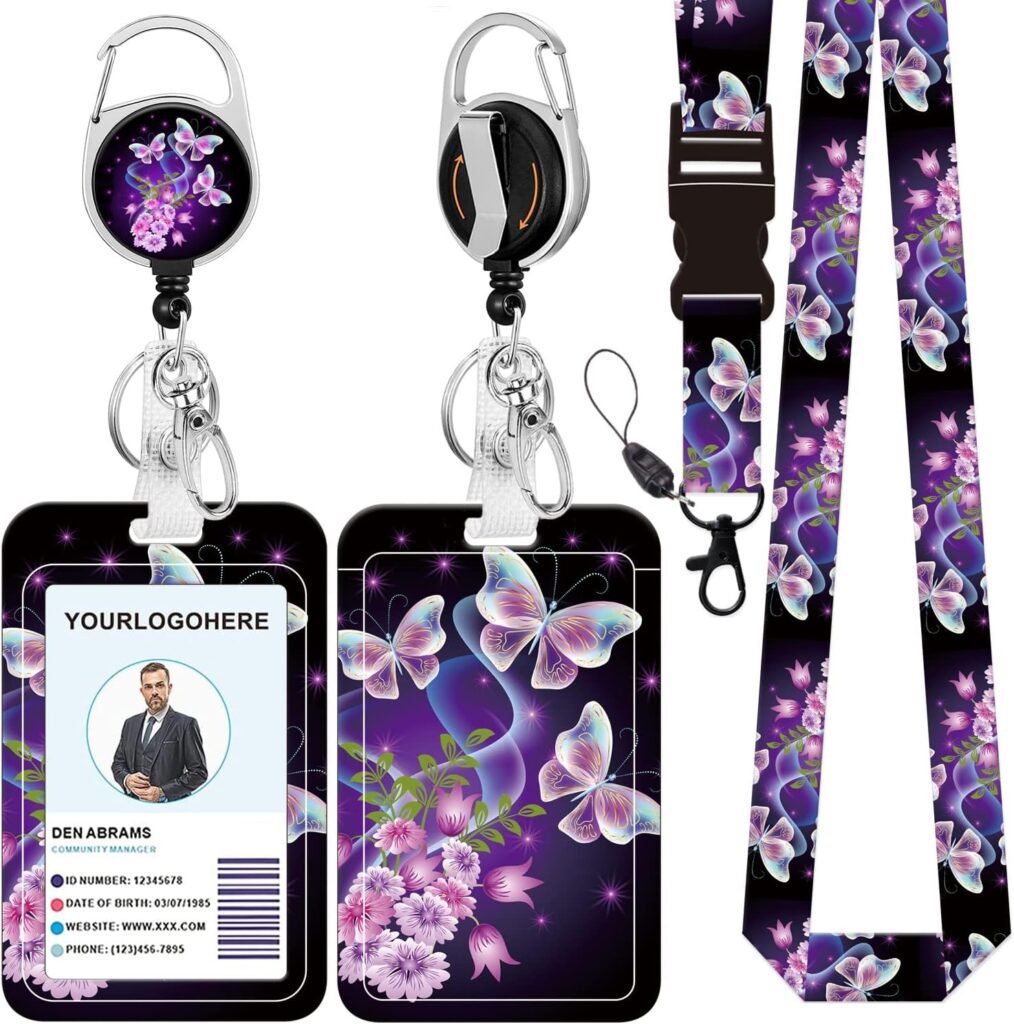 Badge Lanyard and ID Badge Holder, Retractable Badge Reels with Carabiner Reel Belt Clip, Strap Lanyard with Lobster Clasp for Badge Holders, Nurse Teacher Office Gifts(BLC-Purple Butterfly)