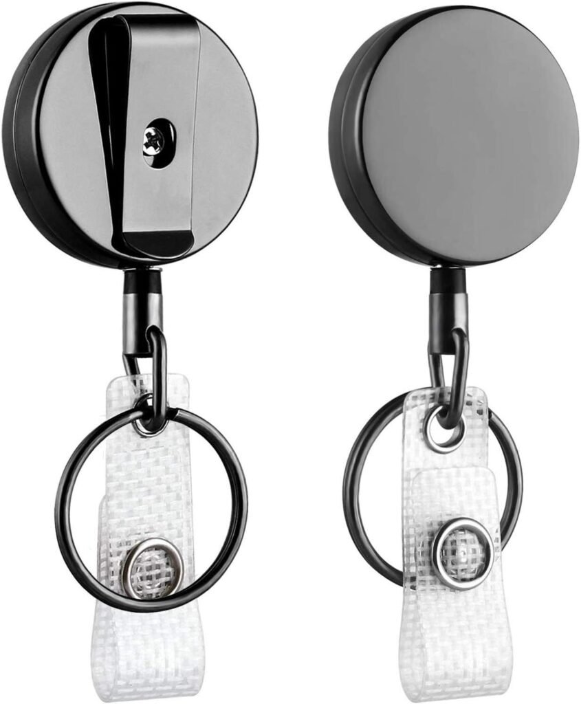 2 Pack Small Heavy Duty Retractable Badge Holder Reels, Will Well Metal ID Badge Holders with Belt Clip Key Ring for Name Card Keychain [All Metal Casing, 24.4 UHMWPE Fiber Cord, Reinforced ID Strap]